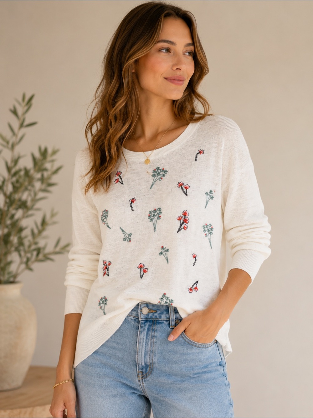 LOFT Women’s Small White Floral Embroidered 100% Cotton Lightweight Sweater